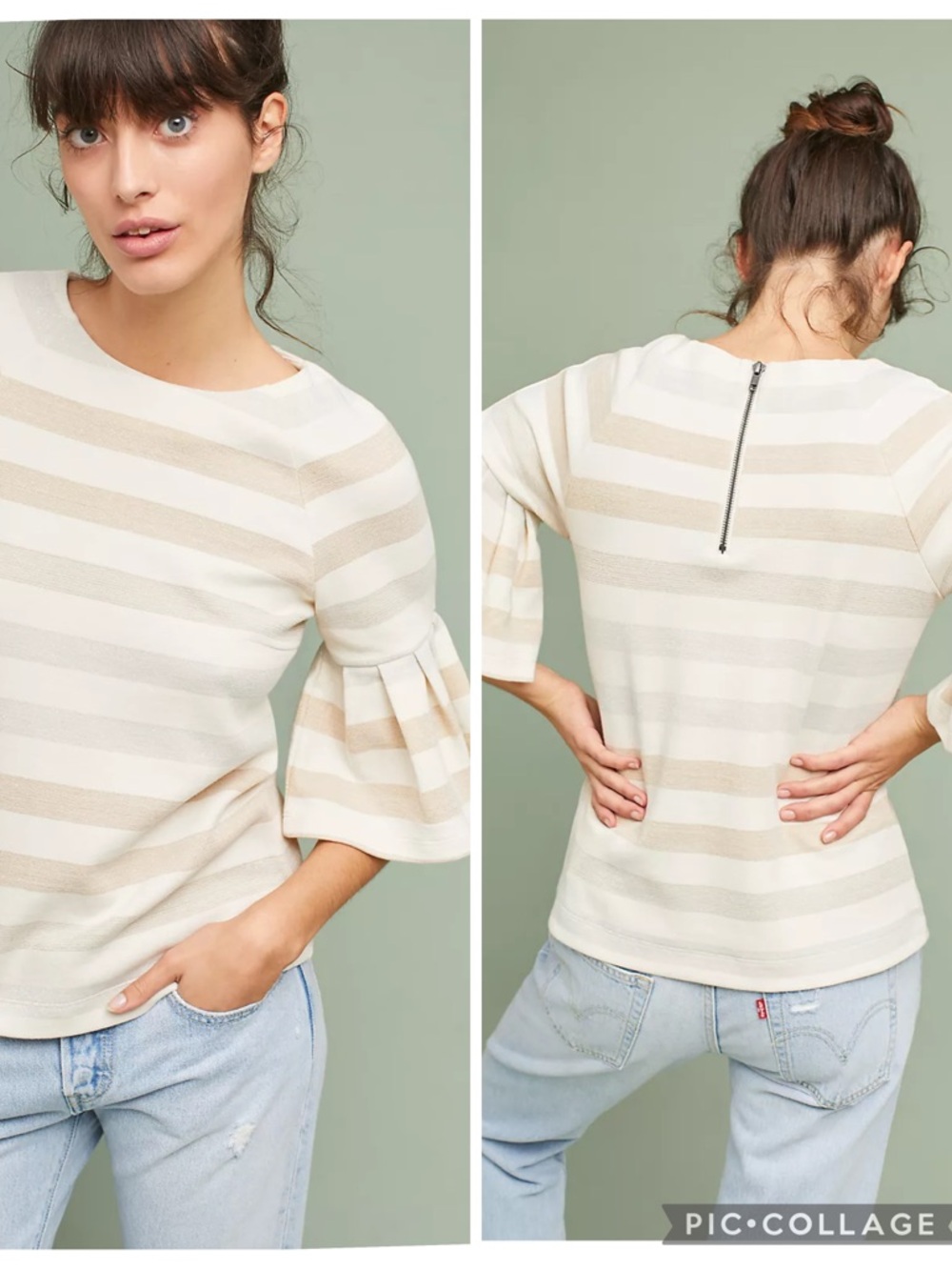 EUC Anthropologie Maeve Ivory Striped Ruffled-Sleeve Top
